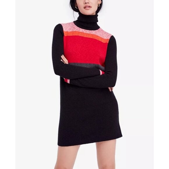 Free People Winter Break Turtleneck Sweater Dress S Striped A-Line Pullover - Picture 1 of 8